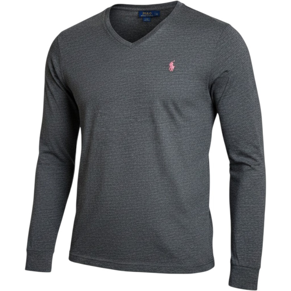 Polo Ralph Lauren V-Neck Long Sleeve Shirt Mens Large Grey Pink Pony Good Cotton